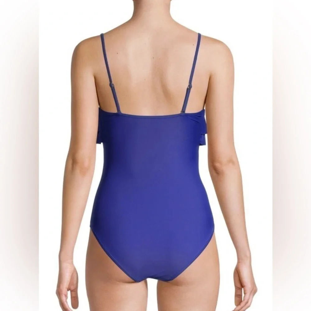Navy Blue Ruffle-Overlay Swimsuit Size Large - Picture 2 of 13